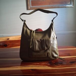 Aimee Kestenberg Leather Hobo Shoulder Bag Army Olive Green Studs Slouchy Purse